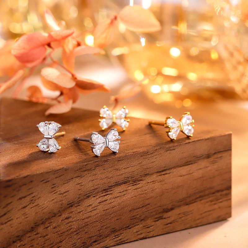 925 Sterling Silver Inlaid Zircon Bow Earrings for Women  Student Korean Sweet Jewelry Accessories