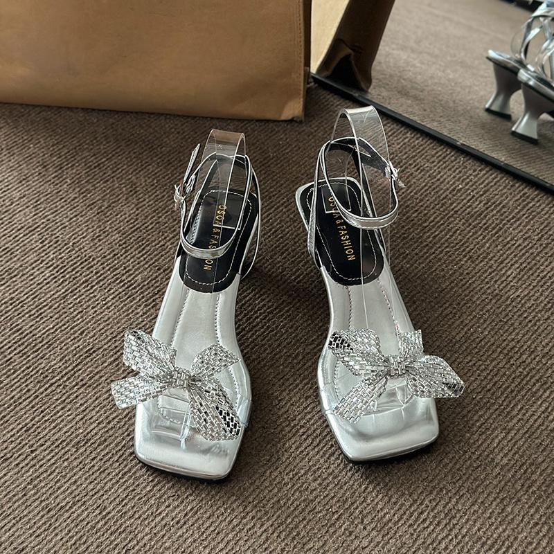 Mode Femme Mode Sandales Stilettos Été Nouveau Bout Carré Bout Ouvert Strass Nœud Papillon Talons Chatons