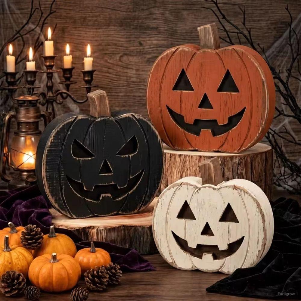 3PCS Freestanding Wooden Pumpkin Hand Painted Halloween Ornament Tiered Tray Decor Alloween Party