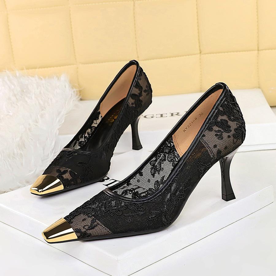 Mode Été Femmes Sexy Talons Hauts 7cm Sandales en Maille Escarpins Bourgogne Dame Dentelle Respirant Escarpins Bureau Fête Stripteaseuse Fétich Chaussures