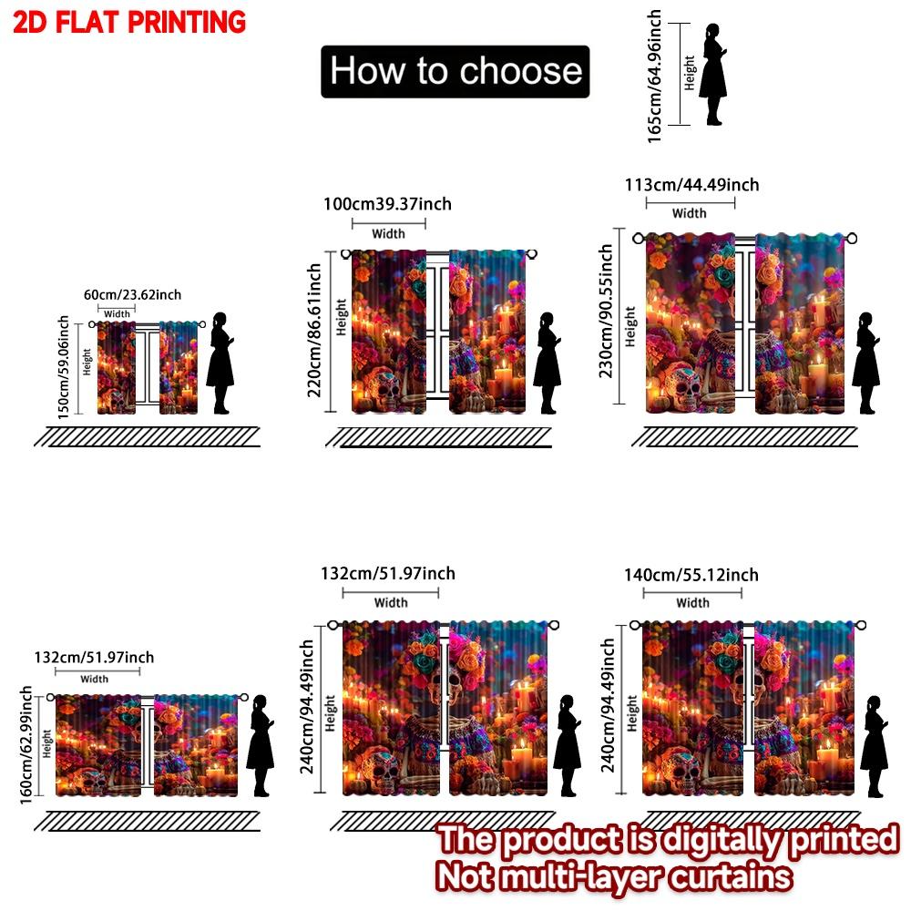 Schädel Blumenkranz Vorhänge Digitaldruck Zucker Ringelblume Kerzenmuster Tag der Toten Thema Raumdekor Set von 2 Hergestellt Polyester
