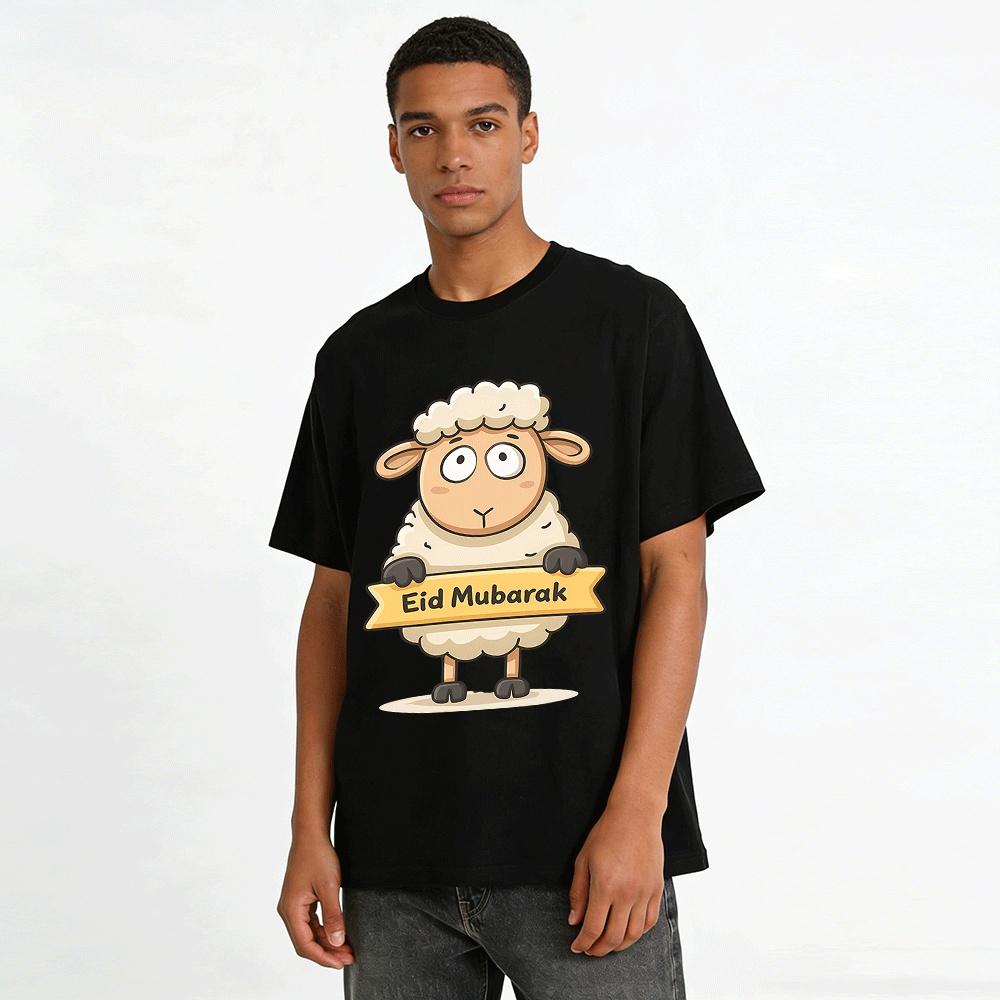 Eid Mubarak Cartoon Sheep Print Casual Festive Tops For Eid Al-Adha Pure cotton T-shirt