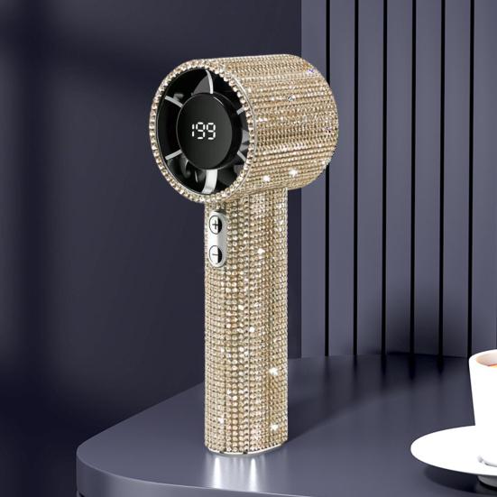Rhinestone Handheld Fan with Digital Display, Turbo High Speed Portable Mini Fan, Quiet Operation Cooling Fan for Outdoor Travel