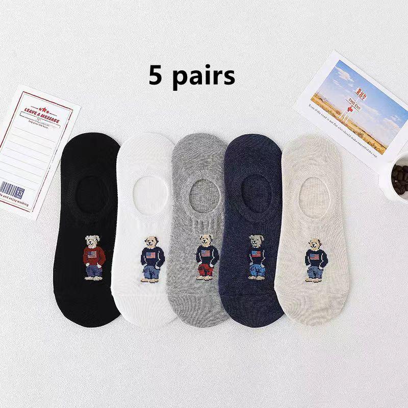 5 Pairs Unisex Men Socks Summer Designer Socks Cartoon Bear Cotton Boat Socks Light Comfortable Sweat-absorbent Invisible Socks