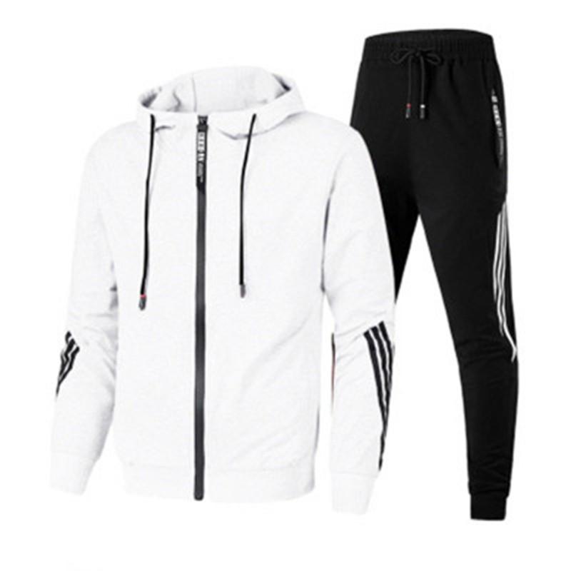 Men's Sets Fashion Striped Polyester Fabric Zipper Cardigan Patchwork Solid Color Brand Men's Hooded Sportswear Sports Suit Men