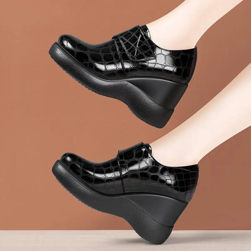 9cm Small Size 32-43 Deep Mouth Bright Leather Loafers Womens Platform Wedges Shoes 2025 Fall High Heels Shoes Office Mom Model