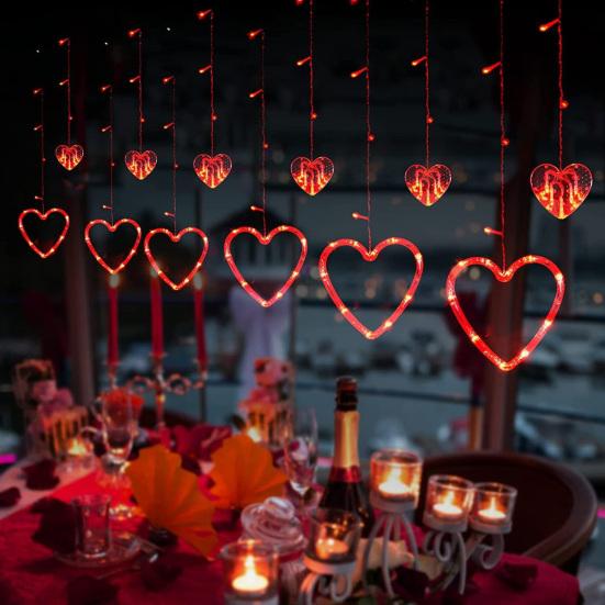 3Pcs Heart Curtain Lights with Suction Cups Portable Love Lamp Valentine's Day Window Lights with Remote Control Festive Romantic Lighting for