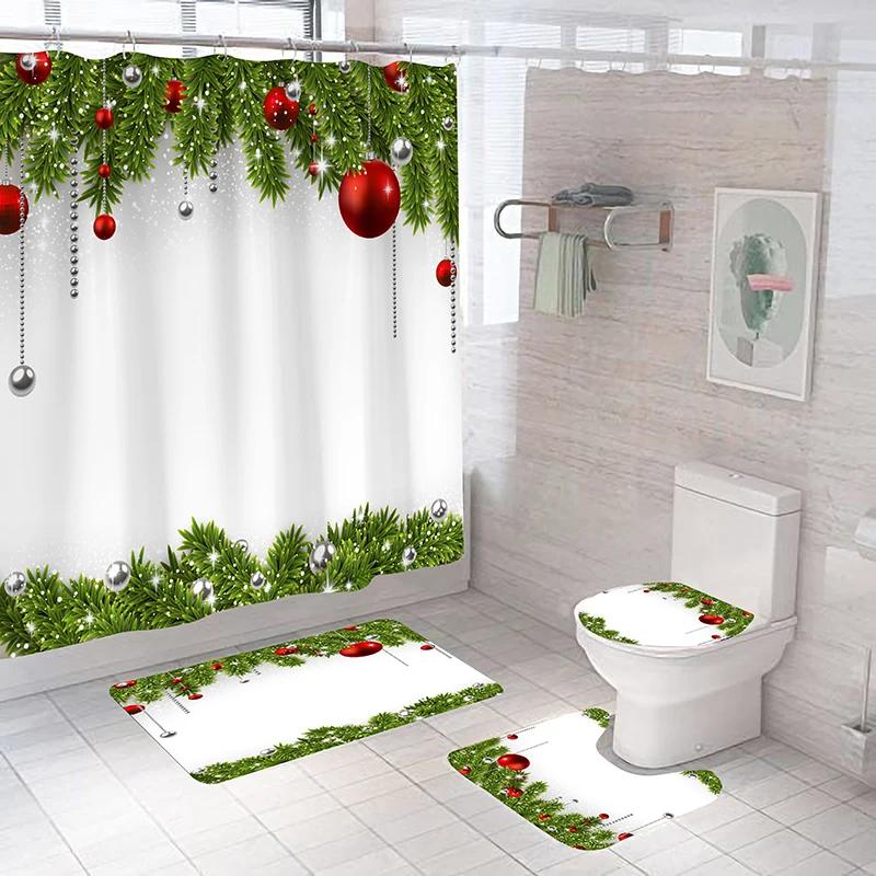 New Christmas Ball Shower Curtain Set Christmas Bath Mat Set Carpet Toilet Cover Bath Mat Room Set Decoration Non-Slip Carpet