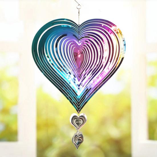3D Love Heart Wind Spinner Decoration Indoor Outdoor Window Garden Yard Porch Colorful Metal Wind Chime Hanging