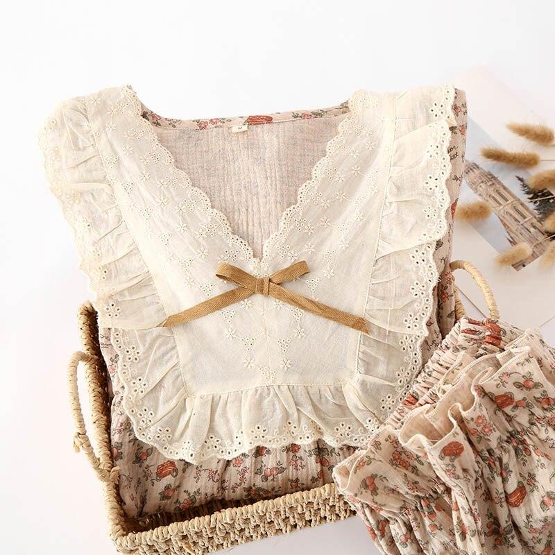 2026 New Spring and Summer Women's Pajamas Suit Long-sleeved Trousers Two-piece 100% Cotton Crepe Small V-neck Household Clothes