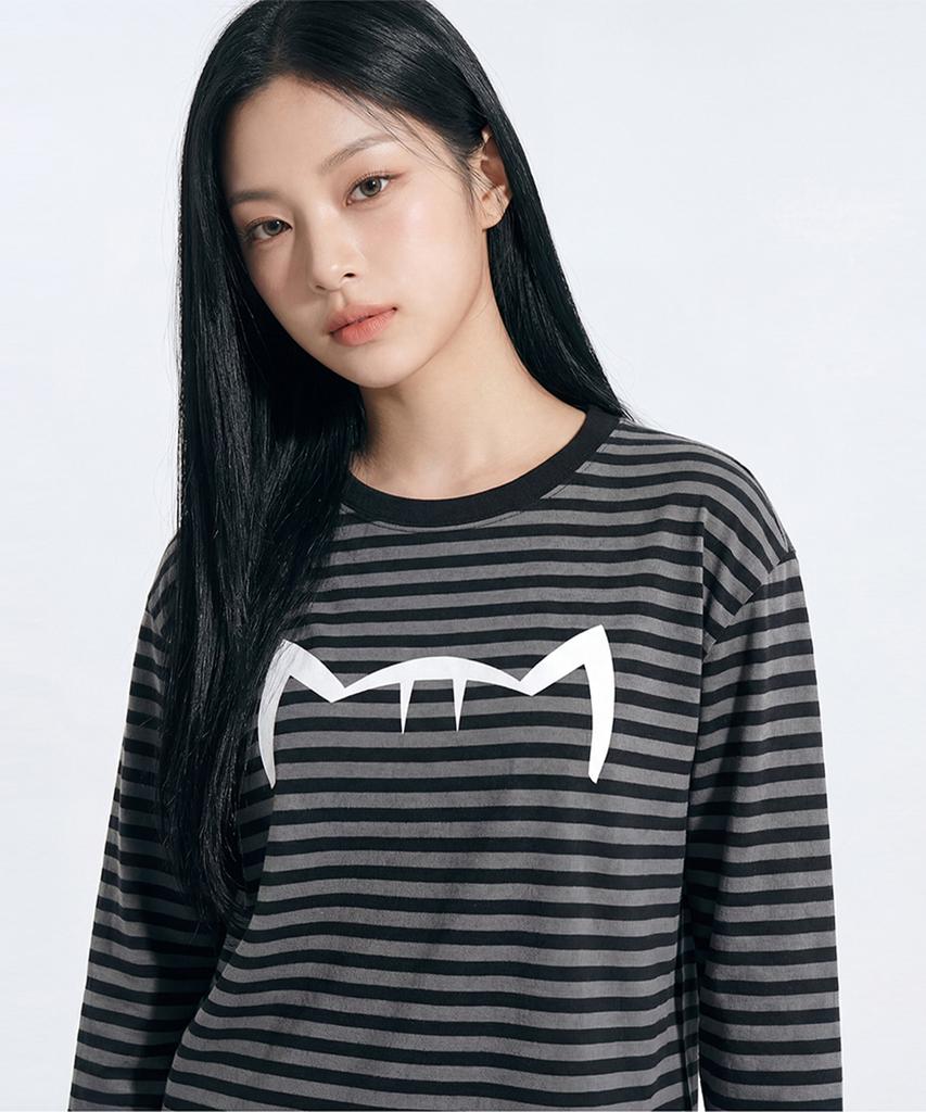Kikimimi Striped Ribbed Long Sleeve Kitty Big Logo T-Shirt (Black)