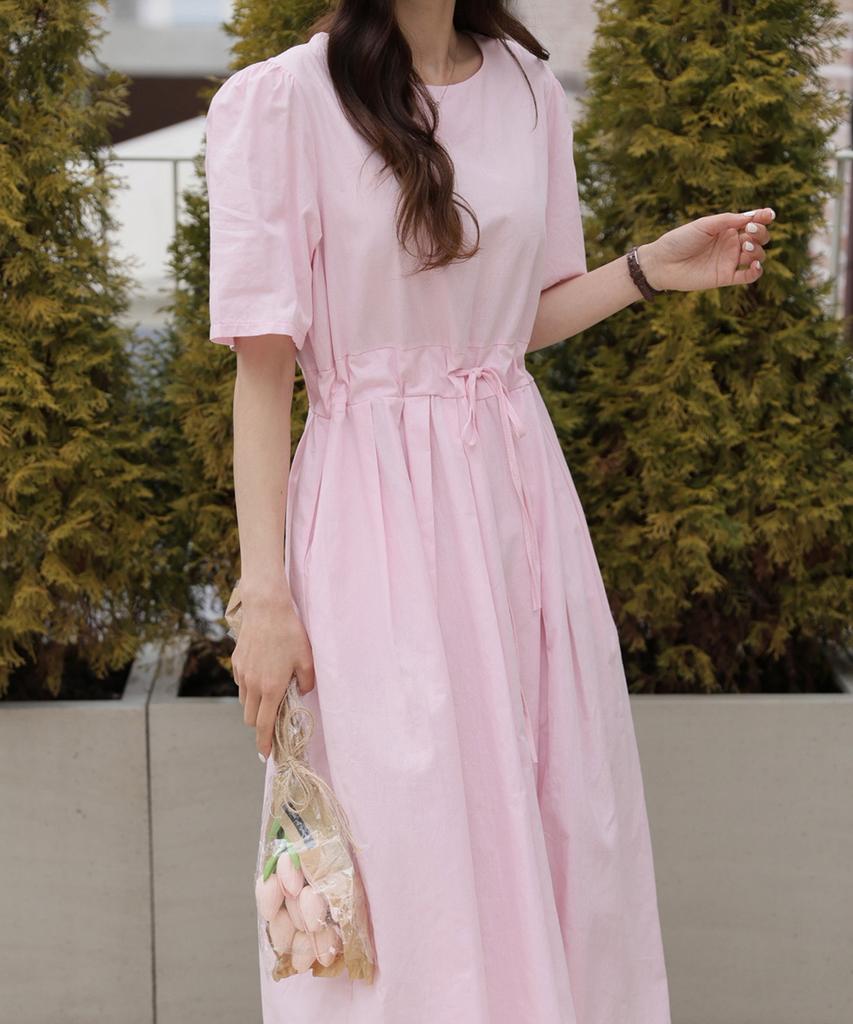 Ppaeppae Round Neck Waistline Pintuck Pleated Short Sleeve Long Dress