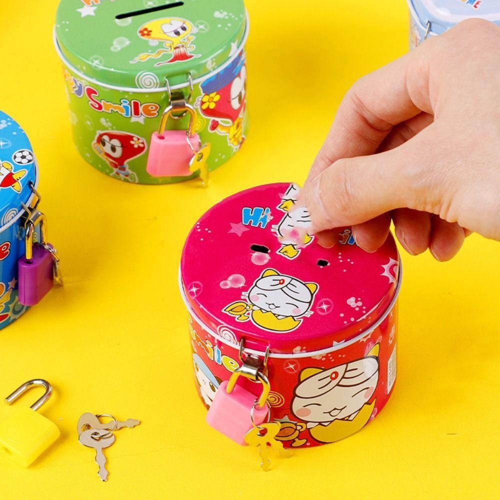 With Lock and Key Tinplate Piggy Bank Cartoon Print Design High Capacity Coin Savings Box Cute Iron Art Storage Jar Bedroom