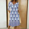 Women’s V Neck 34 Sleeve Midi Dress with Bohemian Floral Print Casual Loose Fit Pockets Lightweight Fabric
