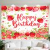 Feestelijk Aardbei Gelukkige Verjaardag Wandkleed Boho Picknick Thema Polyester Stof Decoratie Kunst voor Huis Feest Viering