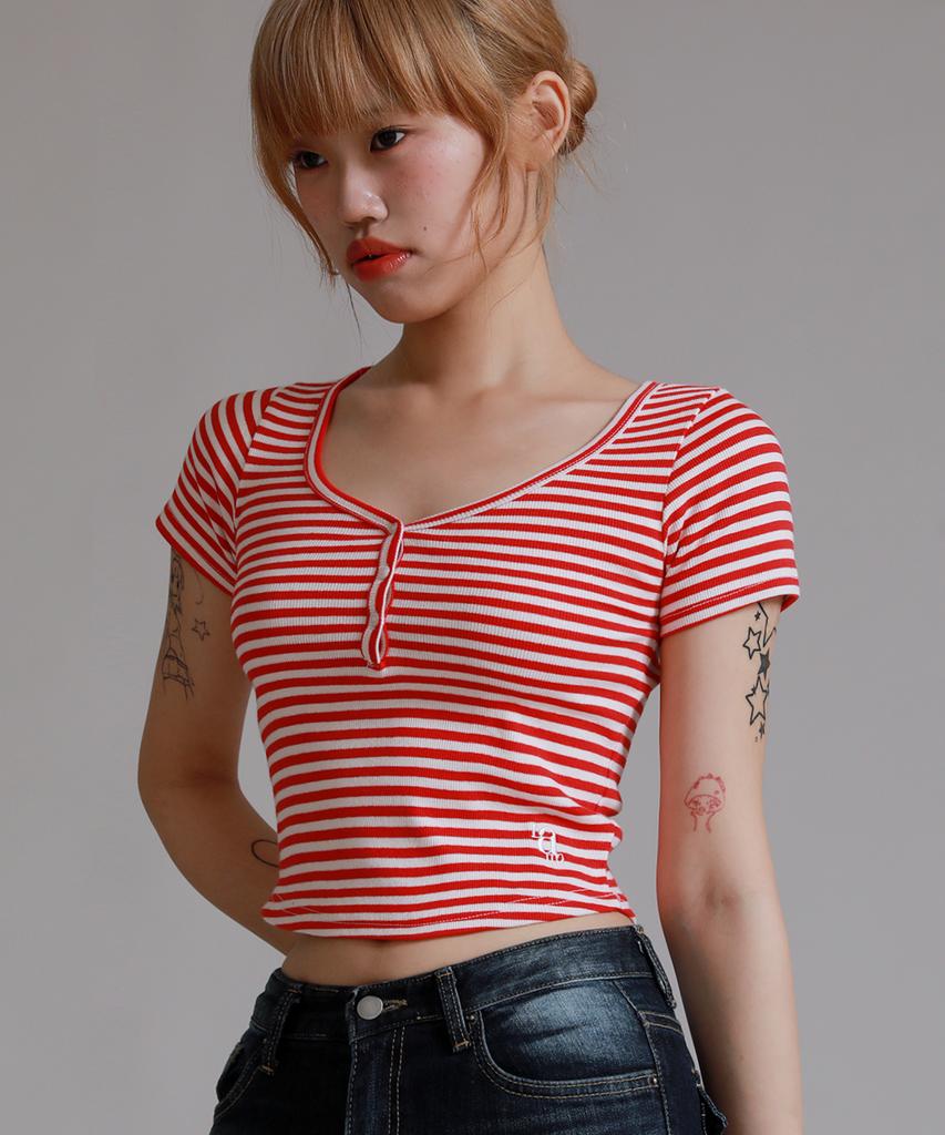 LIKE THE MOST Striped Henley Neck Half T-Shirt_Red