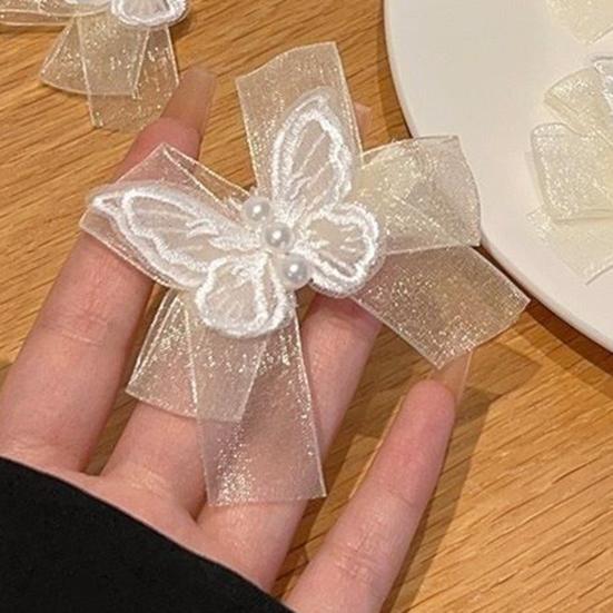 Hairpin Soft Mesh Butterflies Embroidery Bowknot Decor Girl Hair Pin with Imitation Pearls Gentle Hairstyles Side