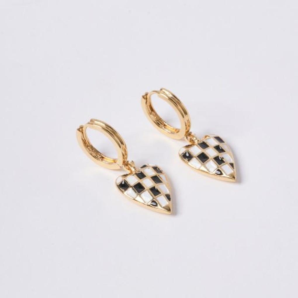 [POPTS] Black Checkerboard Heart One-Touch Earrings OTE122519EYX