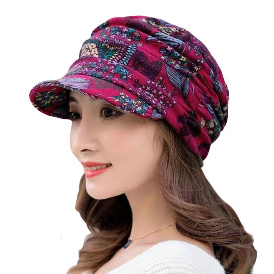 Winddichte, dicke Damen-Herbst- und Wintermütze im modischen Ethno-Stil mit Blumendruck
