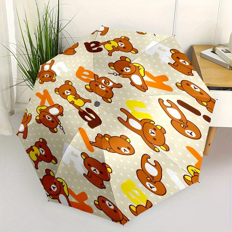 Bear Pattern Automatic Folding Umbrella Simple 8 Rib Design, Bright Cartoon Pattern, Durable Iron Frame, Suitable For Travel, Outdoor, Beach
