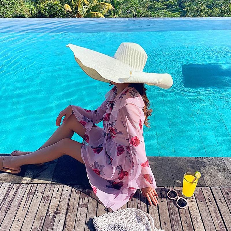 Super Large Brim Hat Women'S Sun Protection Beach Straw Hat Travel Sun Hat Seaside Summer Large Brim 20Cm