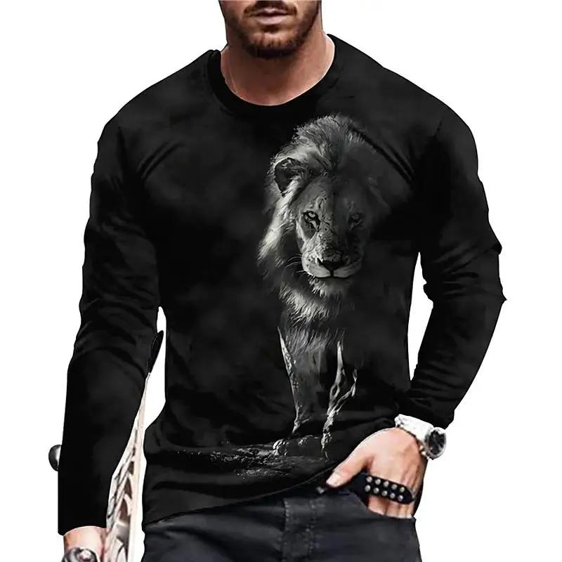 Vintage Print T-shirt 3d Tiger&lion Shirt Animal Long Sleeve Loose O- Neck Summer Animal Tops Oversized 5xl Men's Clothes