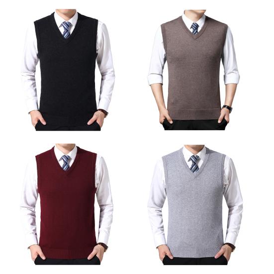 Men Vest Sweater V Neck Sleeveless Slim Fit Solid Color Knitted Pullover Slim Fit Mid Length Thickened Business Style