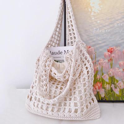 Solid Color Knitting Shoulder Bag Large Capacity Versatile Bohemian Crochet Tote Bag Hollow Out Casual Woven Handbag Women