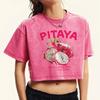 Frische Frucht Pitaya Print Damen Washed T-Shirt Lässig Mehrfarbig T-Shirts Weich Slim Street Tee Baumwolle Crop Damen Top