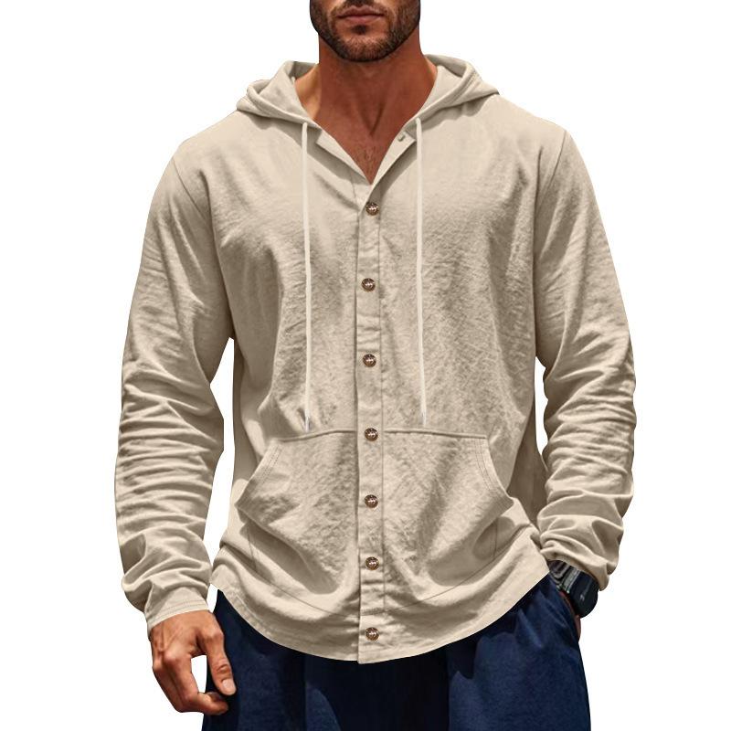 Loose Men's Top, Loose, Linen Casual Minimalist, Beach Hooded Shirt, Long Sleeved Shirt, Men's