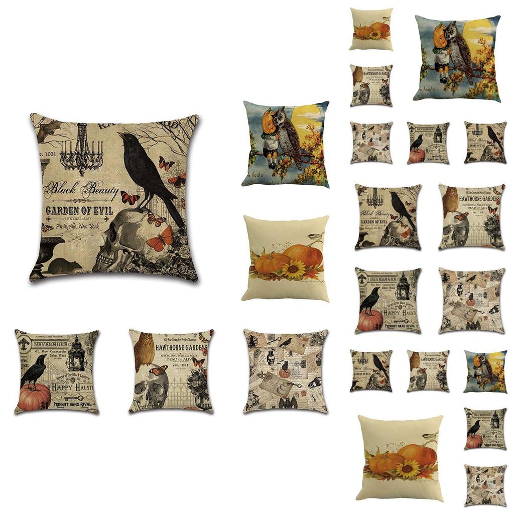 Luxurious Cotton Linen Halloween Pillow Cases With Pumpkin Pattern And Invisible Zipper