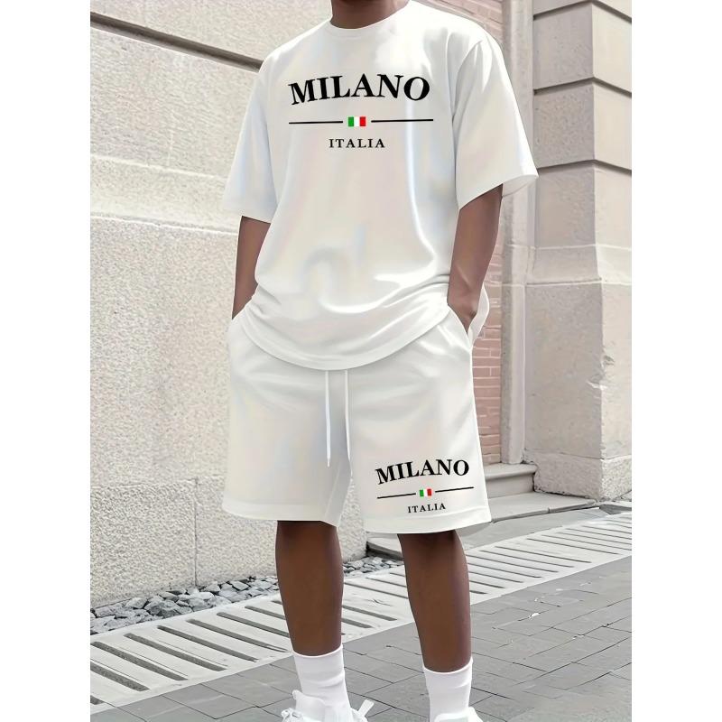 2025 New Summer Men's Letter Printed Comfortable and Breathable Round Neck T-shirt and Shorts Set Solid Color Colo Sportswear