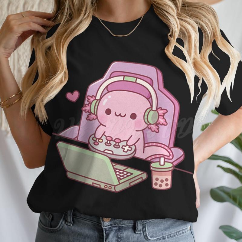 Cute Axolotl Playing Games T-shirt Female Casual Summer Drink Top Tie Dye Boba Tea Cartoon T-shirts Gamer Funny Short Sleeve Tee