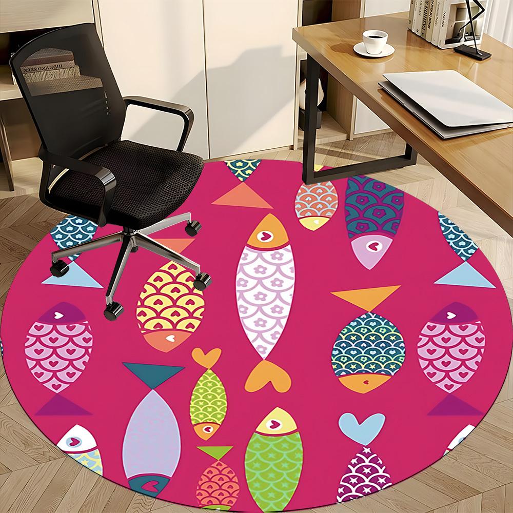 1pc Fishes Pattern Office Round Area Rug, Indoor Mat Suitable For Office, Under Office Chairs Bedroom Living Room Home Decor, Room Deco