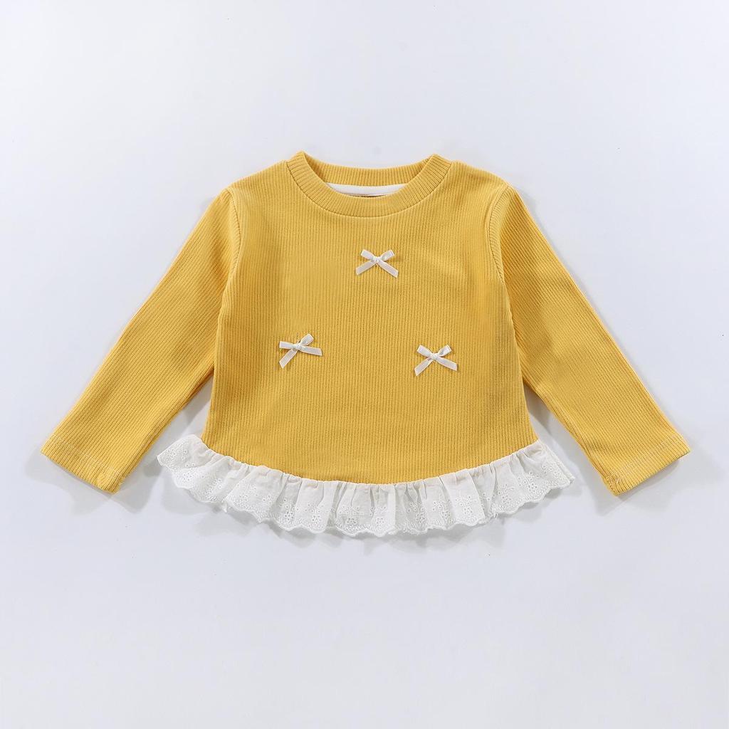 Top de Manga Larga con Encaje y Lazo para Niñas – Estilo Coreano Cuello Redondo Ropa Exterior
