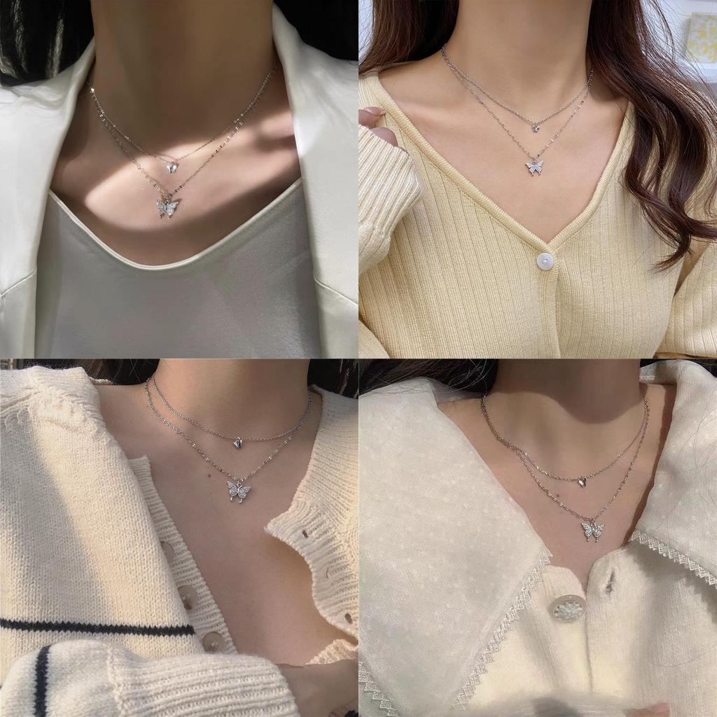 Double Layer Butterfly Necklace Sparkling 2022 Spring/summer New Trendy Neck Chain For Women Ins Korean Versatile Collarbone Chain