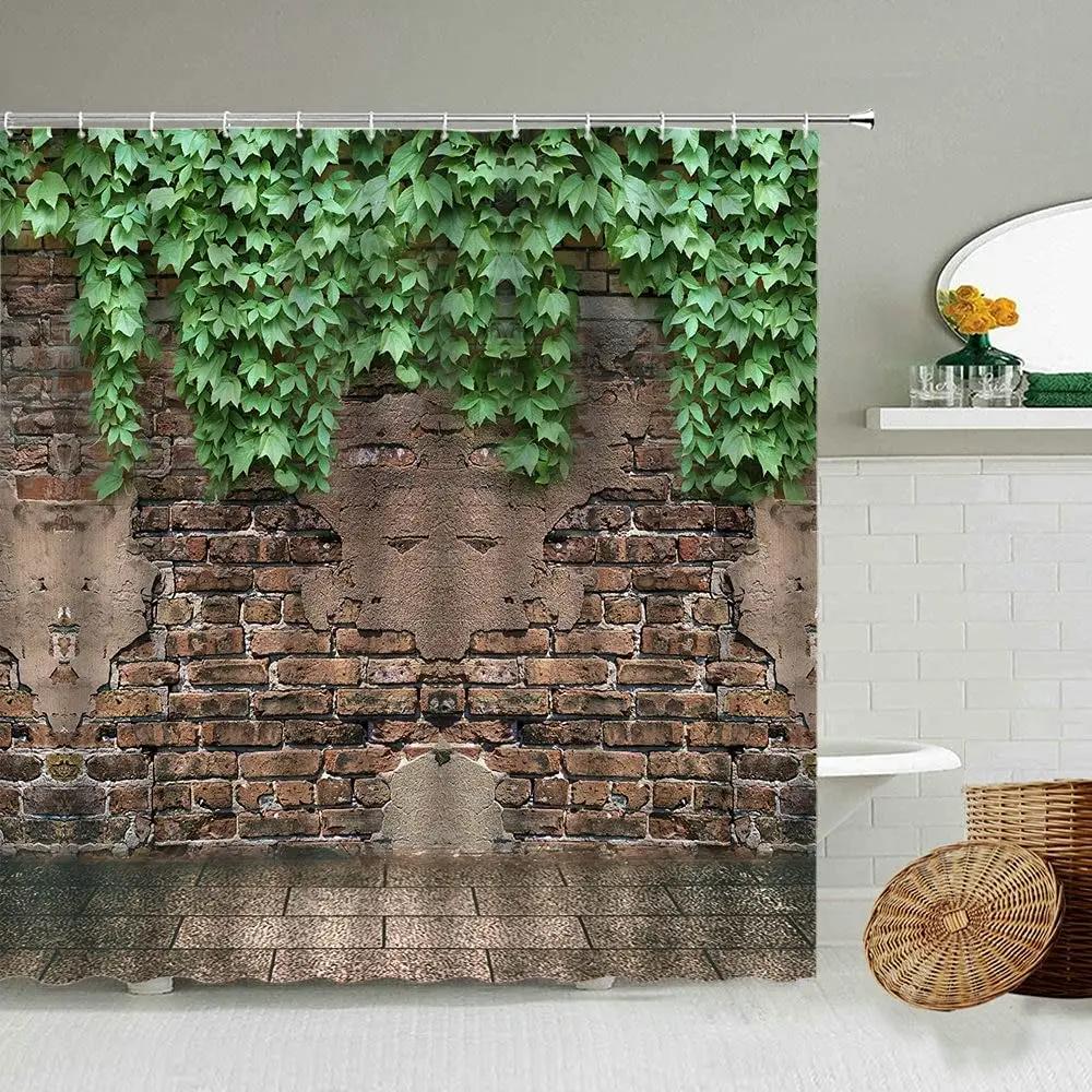 Stone Brick Wall Shower Curtain,Ivy Green Leaves Climbing On Rustic Marble Rocks Stone Wall Fabric Bathroom Shower Curtains