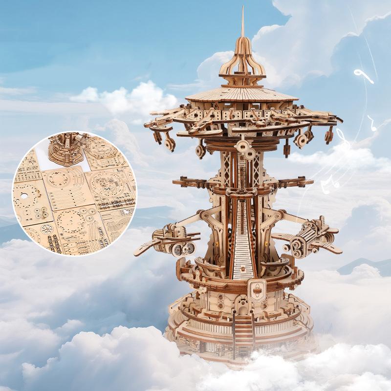 DIY 3D Wooden Castle In the Sky Miniature Model Kits Mechanical Rotation Assembly Jigsaw Puzzles for Friends Birthday Gifts