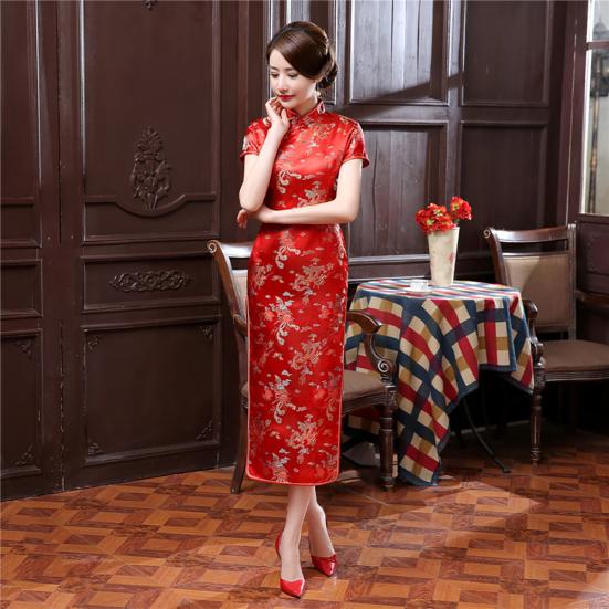 Women Short Sleeve Dragon Phoenix Print Chinese Cheongsam Banquet Midi Dress