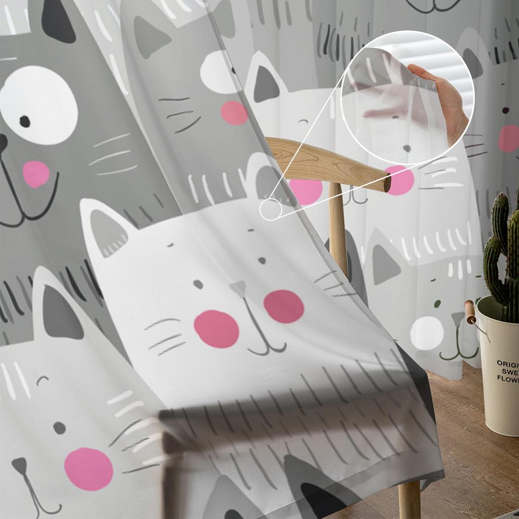 Kawaii Cartoon Grey Cat Sheer Curtains for Living Room Decoration Window Curtains for Kitchen Tulle Voile Organza Curtains