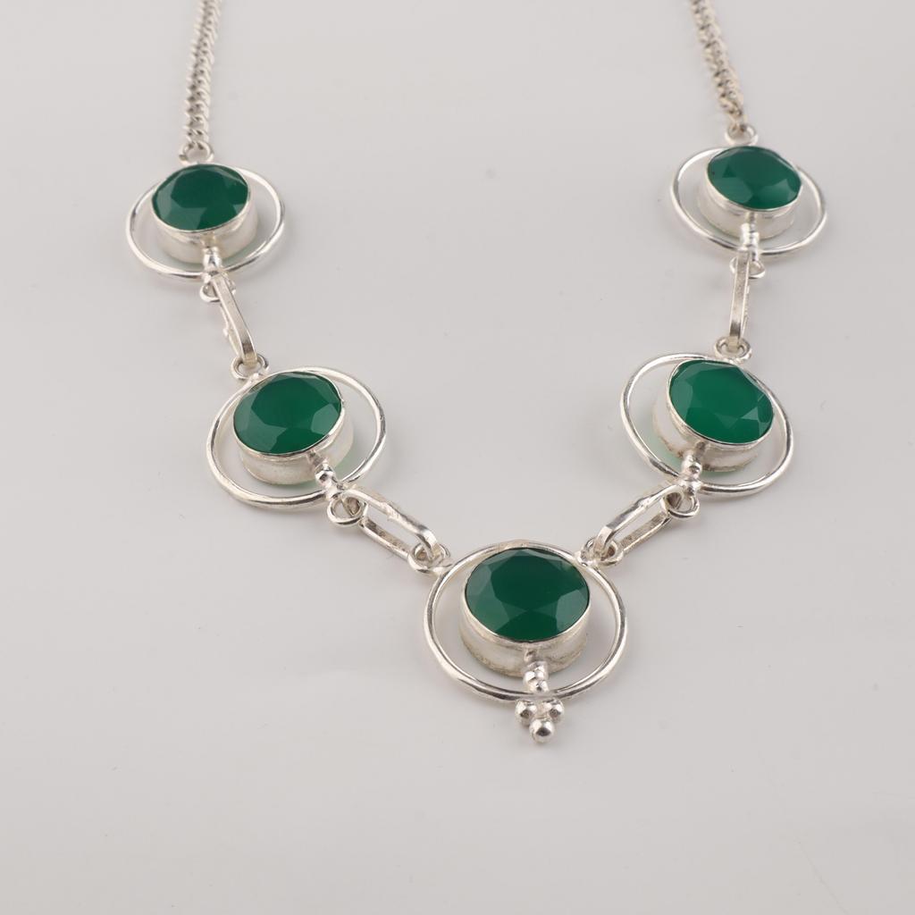 Green Onyx Gemstone Silver Necklace, 925 Sterling Silver Elegant Women Necklace, Partywear Jewelry RN-2-17