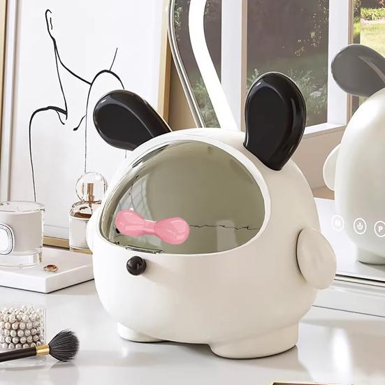Storage Box with Transparent Sliding Cover Organizer Cute Cartoon Ear Design Tidy Box for Desktop Organization