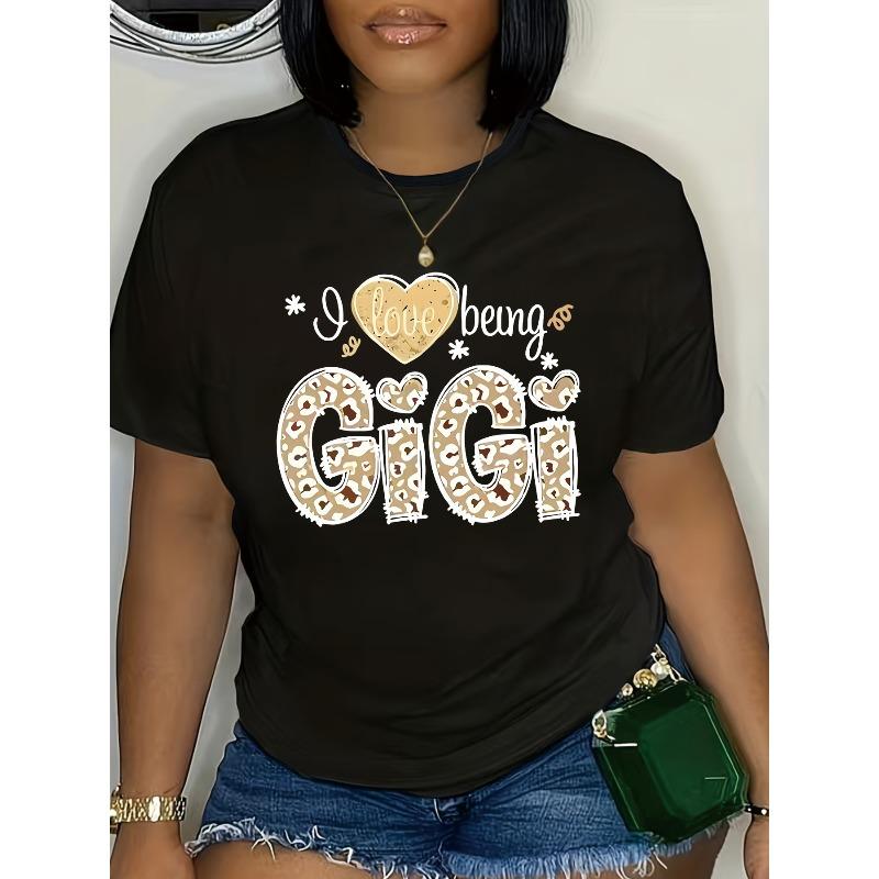 European Size Womens Plus Size I Love Being Gigi Graphic T Shirt Leopard Print Polka Dot Design Stretchy Round Neck Casual Spring Summer Machine