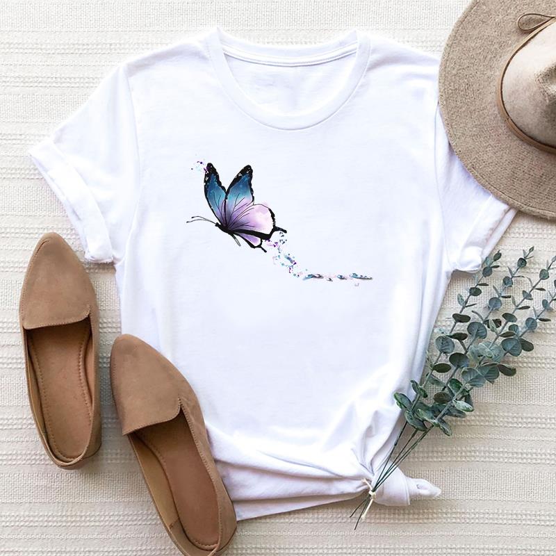 European Size Clothing Women Butterfly Watercolor Trend Cute Print Short Sleeve Tee Top Fashion T Shirt Woman Female T Graphic T-shirts