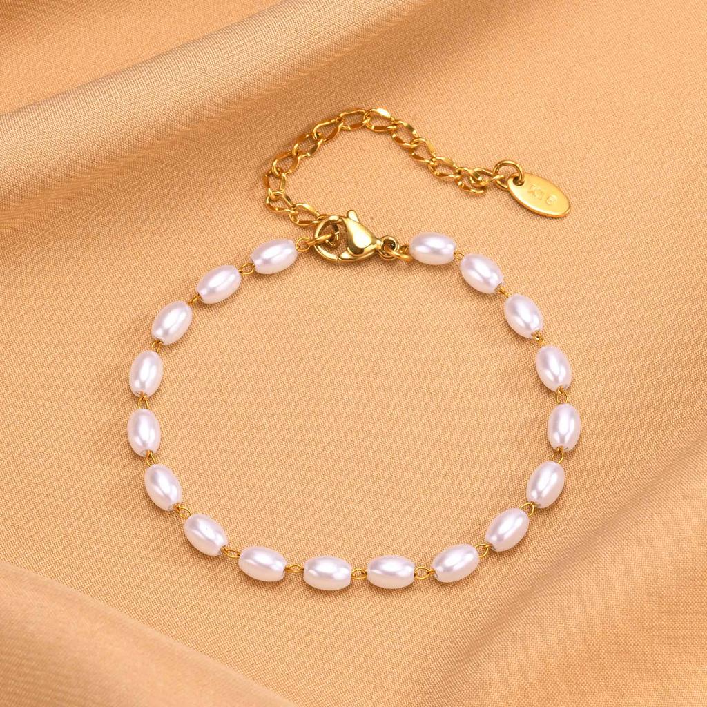 Pearl Bracelet Gold Plated, Stainless Steel Chain Adjustable Friendship Gift for Women
