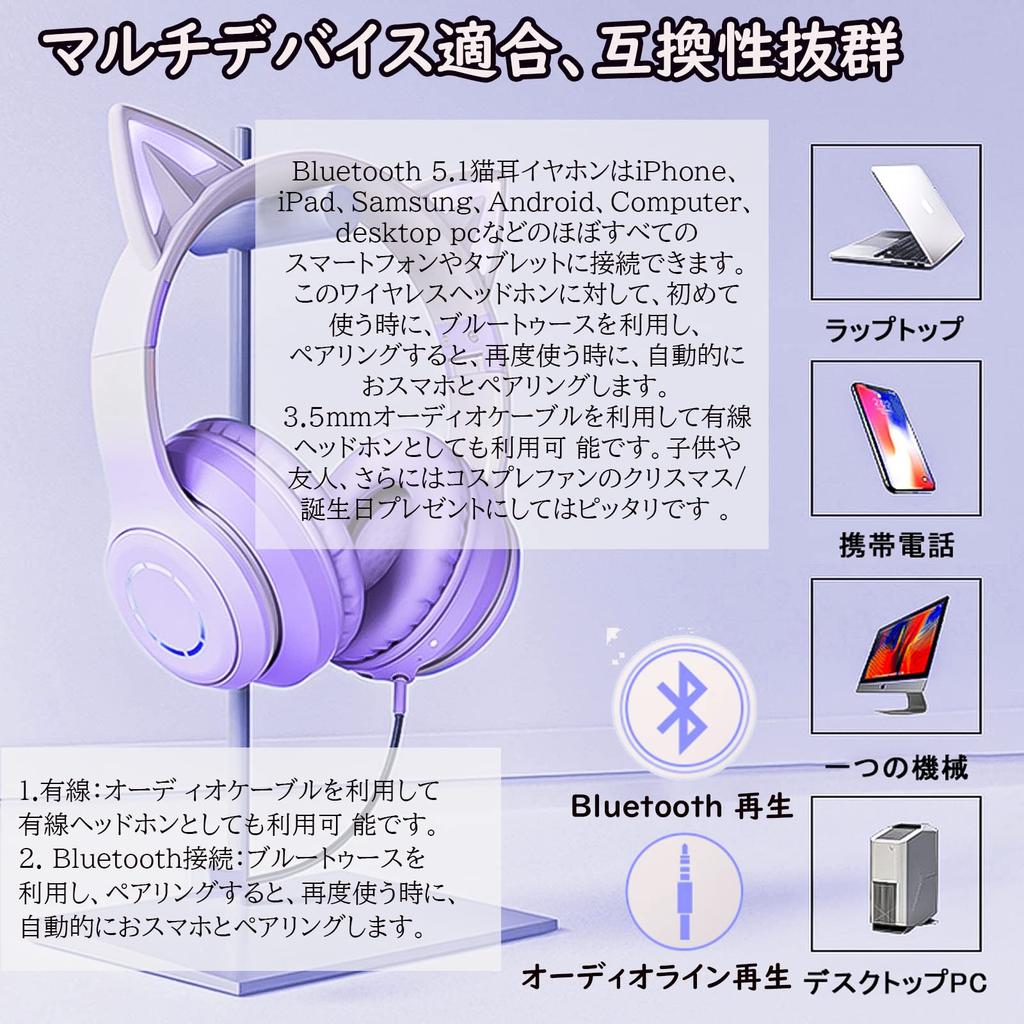 Cat Ear Headphones, Bluetooth 5.1 Wireless Over-Ear Headphones, Gaming Headset, WiredWireless Dual-Use, Cat Ear LED Lights (Rainbow Color Changing),