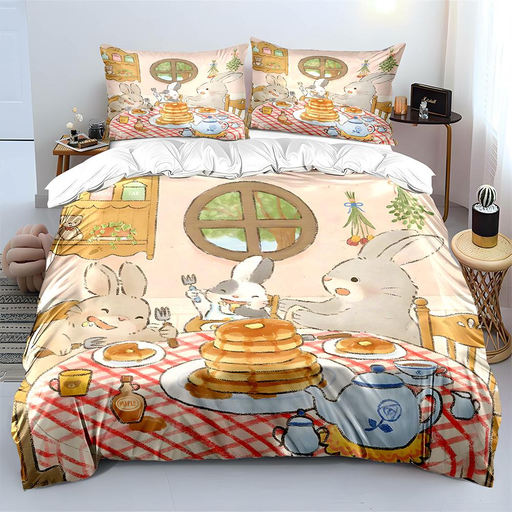 Warm and Cozy Rabbit Family Dinner Theme Bedding Set for Kids Luxury Gift 3pcs Digital Print Comforter Set Soft Comfortable
