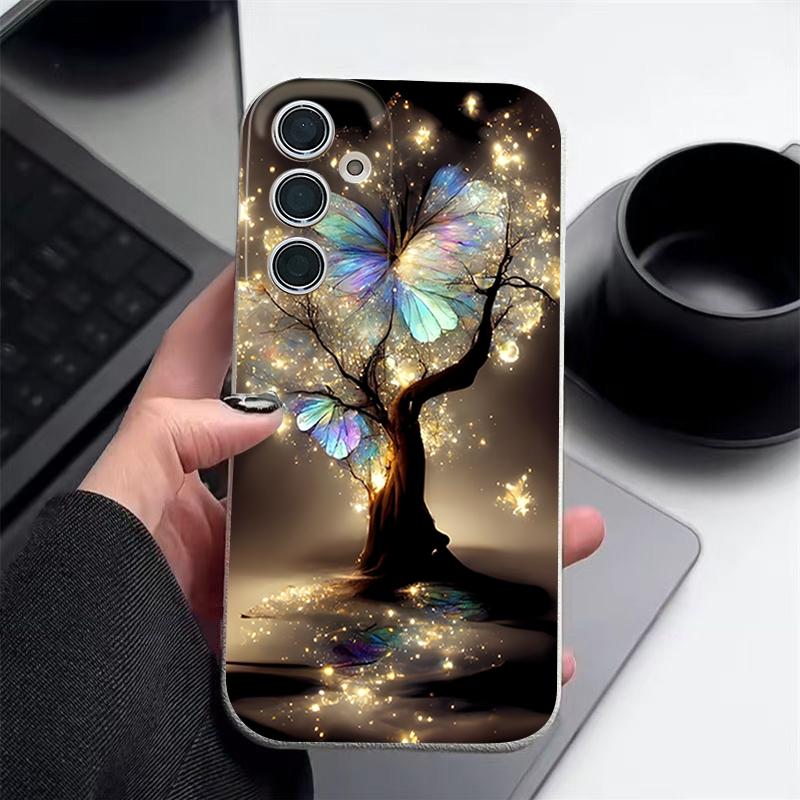 Shining Fantasy Tree Butterfly Pattern Case For Samsung Galaxy A57 A37 A17 A56 A36 A26 A16 A55 A35 A15 A54 A34 A14 5G Leather Texture Silicone Cover
