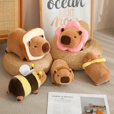 Kawaii Creative Capybara Plush Doll Lying Bee Flower Bread Lion Turned Capybara Plush Toy Pillow Birthday Gift for Boys Girls