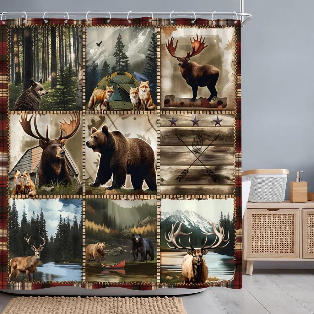 Vintage Lattice Outdoor Camping Shower Curtain Bear Deer Forest Rustic Wooden Panels Shower Curtains Bathroom Decor With Hooks